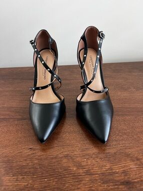 Christian Siriano Black Pointed Strappy Stud Pumps